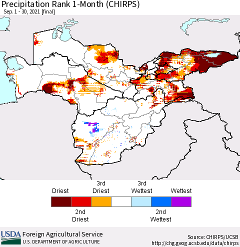 Central Asia Precipitation Rank since 1981, 1-Month (CHIRPS) Thematic Map For 9/1/2021 - 9/30/2021