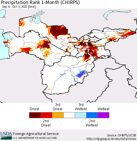 Central Asia Precipitation Rank since 1981, 1-Month (CHIRPS) Thematic Map For 9/6/2021 - 10/5/2021