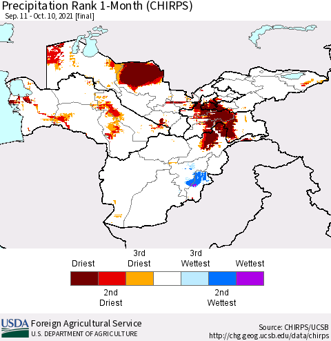 Central Asia Precipitation Rank since 1981, 1-Month (CHIRPS) Thematic Map For 9/11/2021 - 10/10/2021