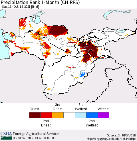 Central Asia Precipitation Rank since 1981, 1-Month (CHIRPS) Thematic Map For 9/16/2021 - 10/15/2021