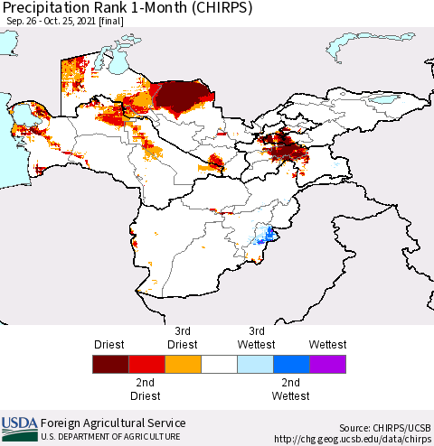 Central Asia Precipitation Rank since 1981, 1-Month (CHIRPS) Thematic Map For 9/26/2021 - 10/25/2021