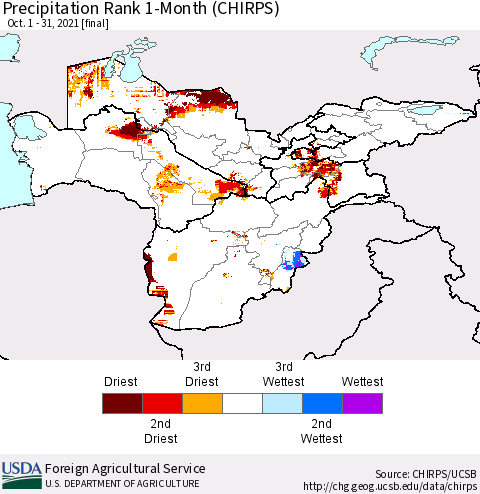 Central Asia Precipitation Rank since 1981, 1-Month (CHIRPS) Thematic Map For 10/1/2021 - 10/31/2021
