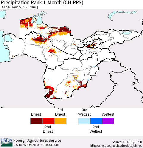 Central Asia Precipitation Rank since 1981, 1-Month (CHIRPS) Thematic Map For 10/6/2021 - 11/5/2021