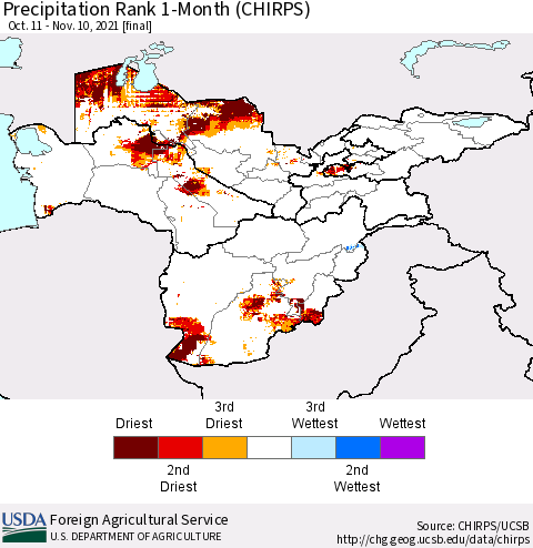 Central Asia Precipitation Rank since 1981, 1-Month (CHIRPS) Thematic Map For 10/11/2021 - 11/10/2021