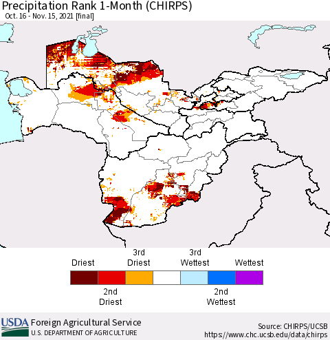 Central Asia Precipitation Rank since 1981, 1-Month (CHIRPS) Thematic Map For 10/16/2021 - 11/15/2021