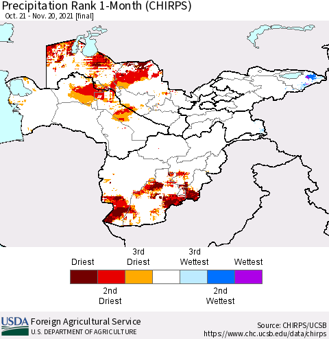 Central Asia Precipitation Rank since 1981, 1-Month (CHIRPS) Thematic Map For 10/21/2021 - 11/20/2021
