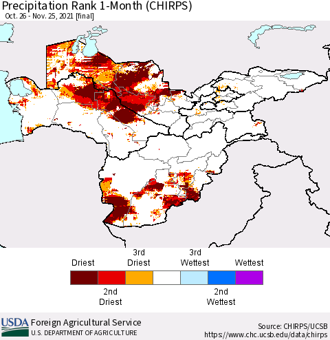Central Asia Precipitation Rank since 1981, 1-Month (CHIRPS) Thematic Map For 10/26/2021 - 11/25/2021