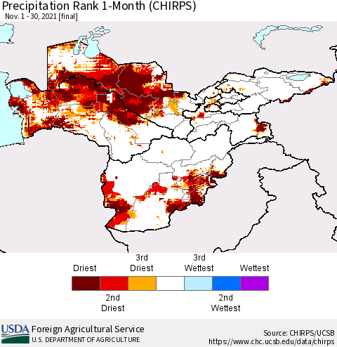Central Asia Precipitation Rank since 1981, 1-Month (CHIRPS) Thematic Map For 11/1/2021 - 11/30/2021