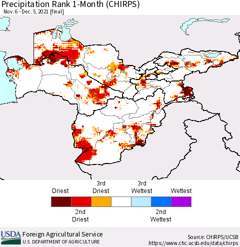 Central Asia Precipitation Rank since 1981, 1-Month (CHIRPS) Thematic Map For 11/6/2021 - 12/5/2021