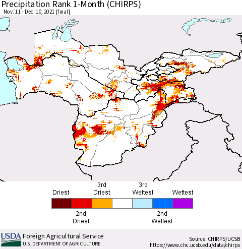 Central Asia Precipitation Rank since 1981, 1-Month (CHIRPS) Thematic Map For 11/11/2021 - 12/10/2021