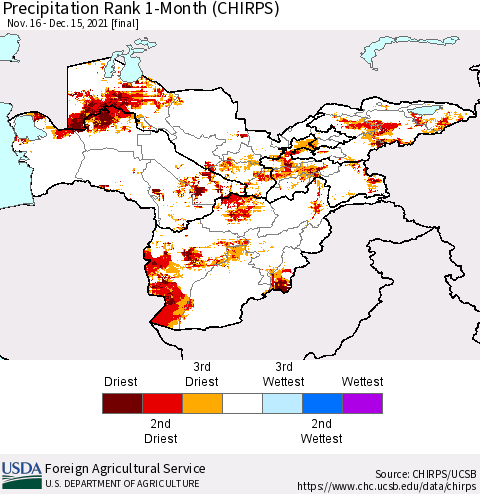 Central Asia Precipitation Rank since 1981, 1-Month (CHIRPS) Thematic Map For 11/16/2021 - 12/15/2021