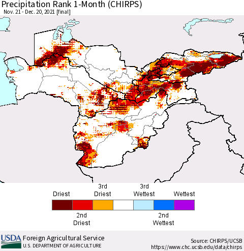 Central Asia Precipitation Rank since 1981, 1-Month (CHIRPS) Thematic Map For 11/21/2021 - 12/20/2021