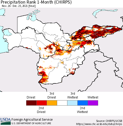 Central Asia Precipitation Rank since 1981, 1-Month (CHIRPS) Thematic Map For 11/26/2021 - 12/25/2021