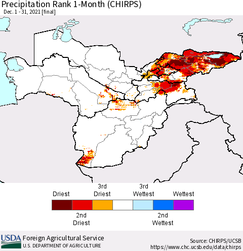 Central Asia Precipitation Rank since 1981, 1-Month (CHIRPS) Thematic Map For 12/1/2021 - 12/31/2021