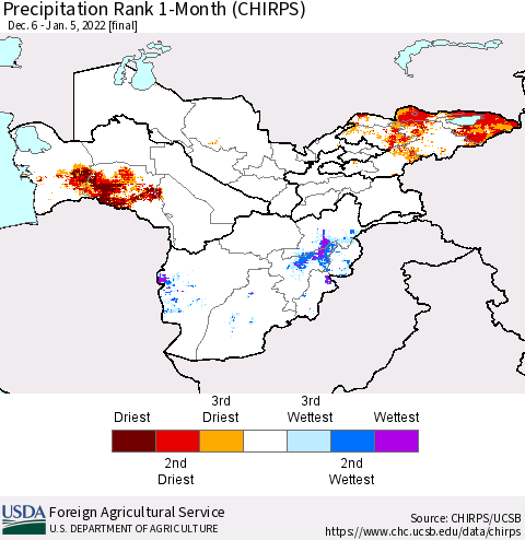 Central Asia Precipitation Rank since 1981, 1-Month (CHIRPS) Thematic Map For 12/6/2021 - 1/5/2022