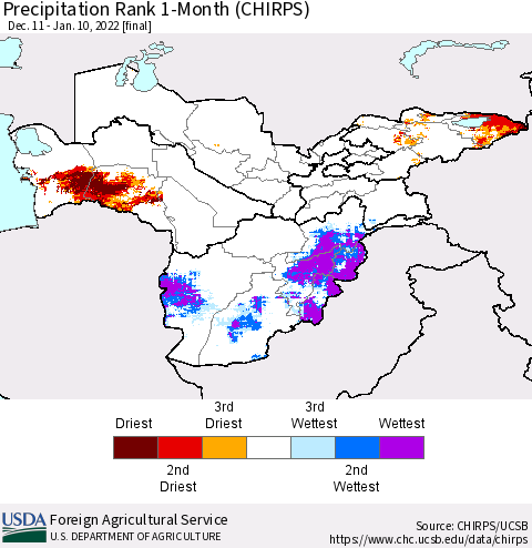 Central Asia Precipitation Rank since 1981, 1-Month (CHIRPS) Thematic Map For 12/11/2021 - 1/10/2022