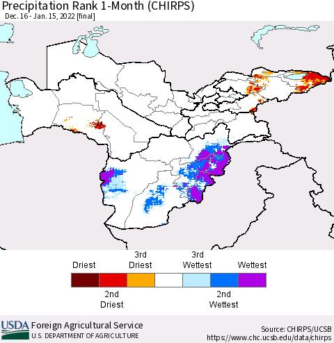 Central Asia Precipitation Rank since 1981, 1-Month (CHIRPS) Thematic Map For 12/16/2021 - 1/15/2022