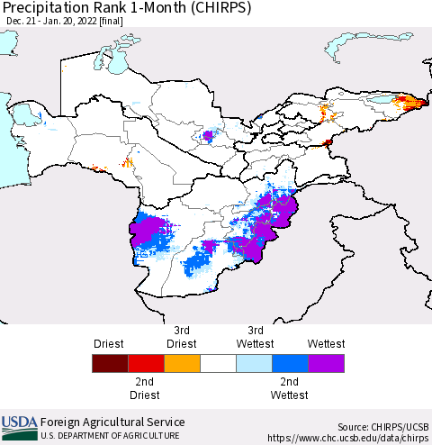 Central Asia Precipitation Rank since 1981, 1-Month (CHIRPS) Thematic Map For 12/21/2021 - 1/20/2022