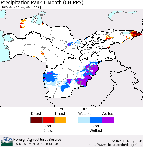 Central Asia Precipitation Rank since 1981, 1-Month (CHIRPS) Thematic Map For 12/26/2021 - 1/25/2022