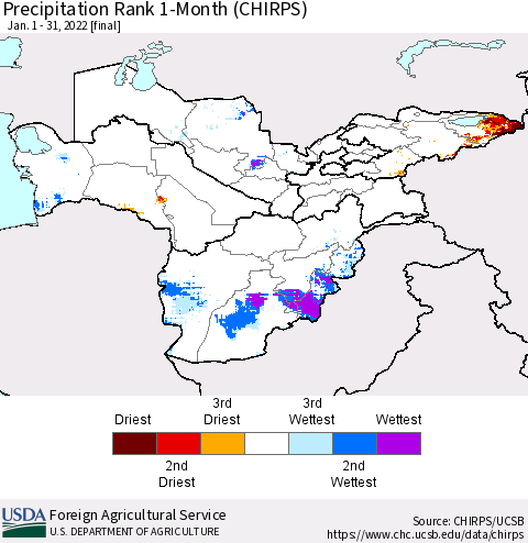 Central Asia Precipitation Rank since 1981, 1-Month (CHIRPS) Thematic Map For 1/1/2022 - 1/31/2022