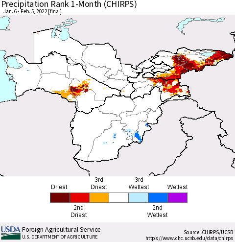 Central Asia Precipitation Rank since 1981, 1-Month (CHIRPS) Thematic Map For 1/6/2022 - 2/5/2022