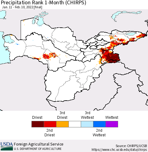 Central Asia Precipitation Rank since 1981, 1-Month (CHIRPS) Thematic Map For 1/11/2022 - 2/10/2022