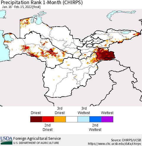 Central Asia Precipitation Rank since 1981, 1-Month (CHIRPS) Thematic Map For 1/16/2022 - 2/15/2022