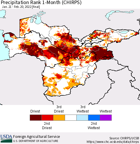 Central Asia Precipitation Rank since 1981, 1-Month (CHIRPS) Thematic Map For 1/21/2022 - 2/20/2022