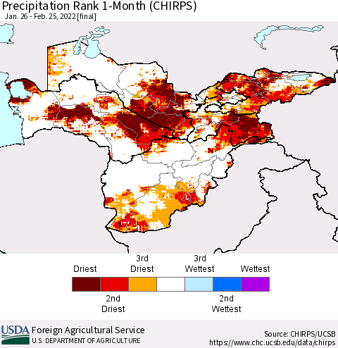 Central Asia Precipitation Rank since 1981, 1-Month (CHIRPS) Thematic Map For 1/26/2022 - 2/25/2022