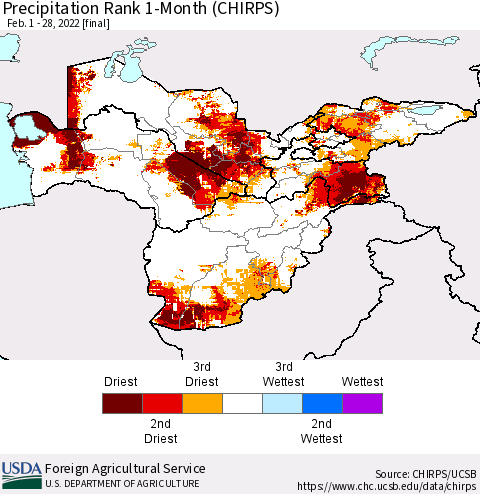 Central Asia Precipitation Rank since 1981, 1-Month (CHIRPS) Thematic Map For 2/1/2022 - 2/28/2022