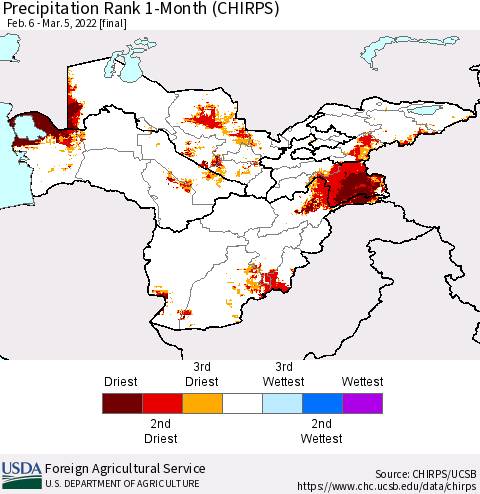 Central Asia Precipitation Rank since 1981, 1-Month (CHIRPS) Thematic Map For 2/6/2022 - 3/5/2022