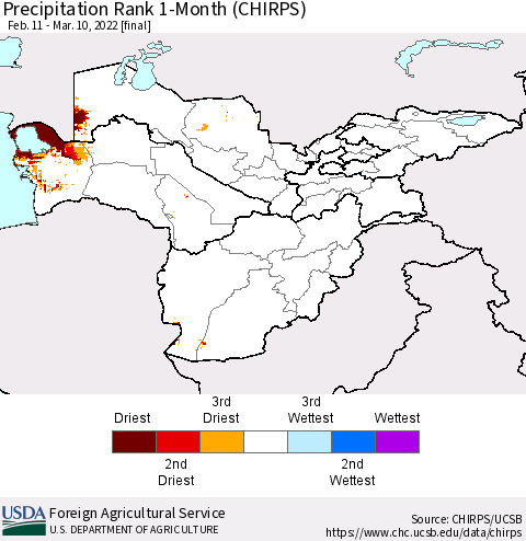Central Asia Precipitation Rank since 1981, 1-Month (CHIRPS) Thematic Map For 2/11/2022 - 3/10/2022