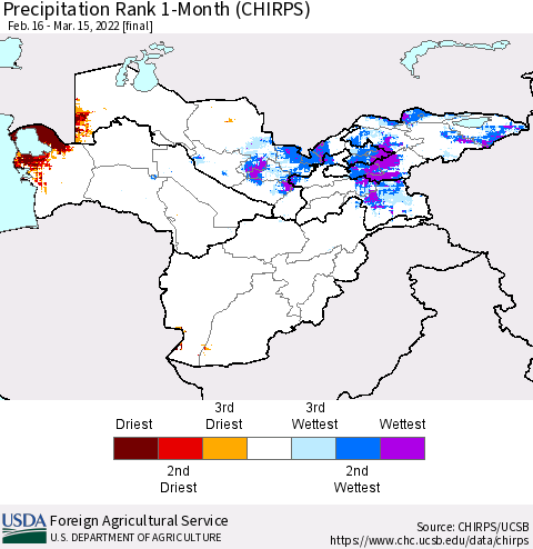 Central Asia Precipitation Rank since 1981, 1-Month (CHIRPS) Thematic Map For 2/16/2022 - 3/15/2022