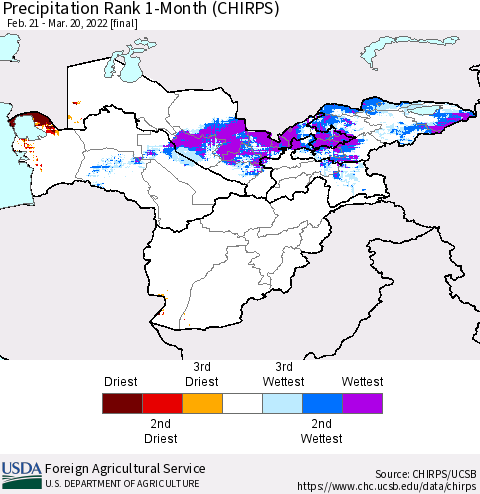 Central Asia Precipitation Rank since 1981, 1-Month (CHIRPS) Thematic Map For 2/21/2022 - 3/20/2022