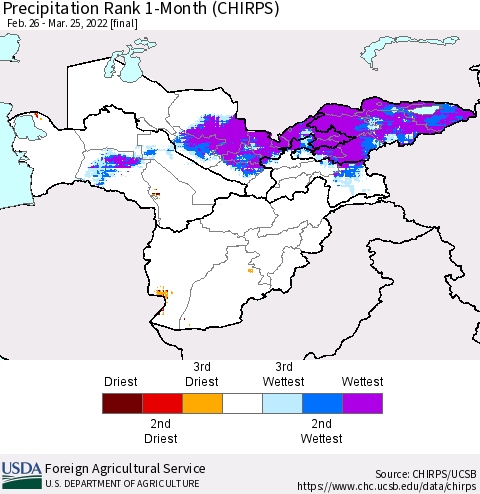 Central Asia Precipitation Rank since 1981, 1-Month (CHIRPS) Thematic Map For 2/26/2022 - 3/25/2022