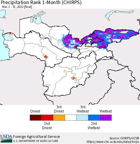 Central Asia Precipitation Rank since 1981, 1-Month (CHIRPS) Thematic Map For 3/1/2022 - 3/31/2022