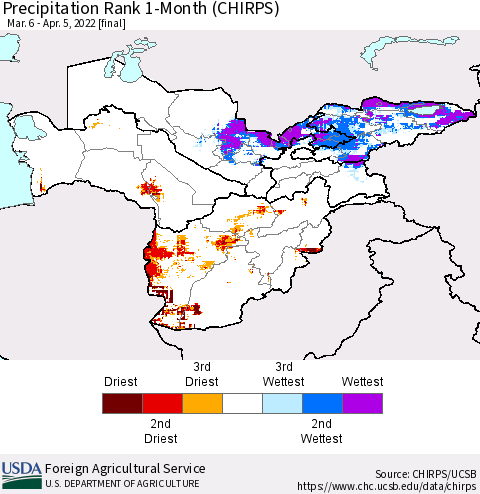 Central Asia Precipitation Rank since 1981, 1-Month (CHIRPS) Thematic Map For 3/6/2022 - 4/5/2022