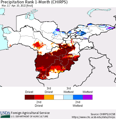 Central Asia Precipitation Rank since 1981, 1-Month (CHIRPS) Thematic Map For 3/11/2022 - 4/10/2022