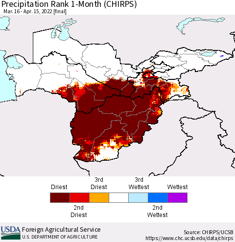 Central Asia Precipitation Rank since 1981, 1-Month (CHIRPS) Thematic Map For 3/16/2022 - 4/15/2022
