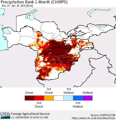 Central Asia Precipitation Rank since 1981, 1-Month (CHIRPS) Thematic Map For 3/21/2022 - 4/20/2022