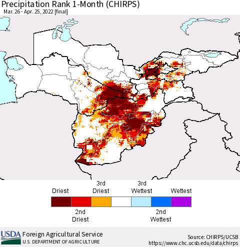 Central Asia Precipitation Rank since 1981, 1-Month (CHIRPS) Thematic Map For 3/26/2022 - 4/25/2022