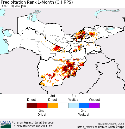 Central Asia Precipitation Rank since 1981, 1-Month (CHIRPS) Thematic Map For 4/1/2022 - 4/30/2022