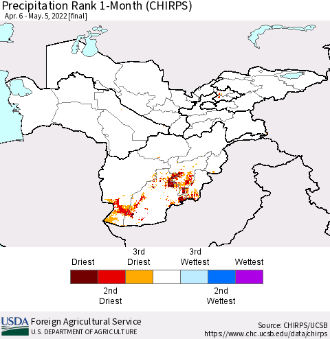 Central Asia Precipitation Rank since 1981, 1-Month (CHIRPS) Thematic Map For 4/6/2022 - 5/5/2022