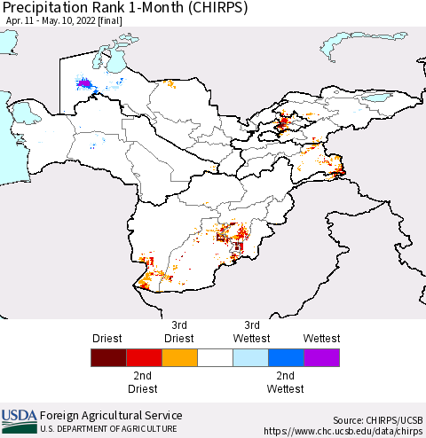 Central Asia Precipitation Rank since 1981, 1-Month (CHIRPS) Thematic Map For 4/11/2022 - 5/10/2022