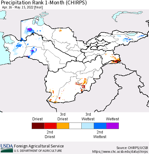 Central Asia Precipitation Rank since 1981, 1-Month (CHIRPS) Thematic Map For 4/16/2022 - 5/15/2022