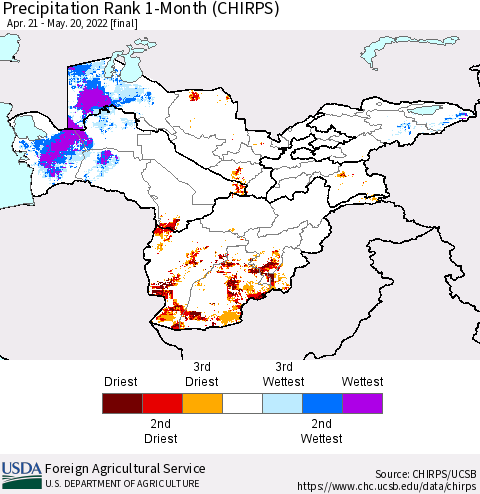 Central Asia Precipitation Rank since 1981, 1-Month (CHIRPS) Thematic Map For 4/21/2022 - 5/20/2022