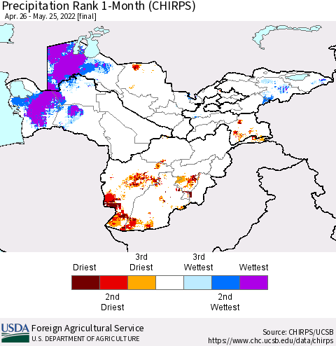 Central Asia Precipitation Rank since 1981, 1-Month (CHIRPS) Thematic Map For 4/26/2022 - 5/25/2022