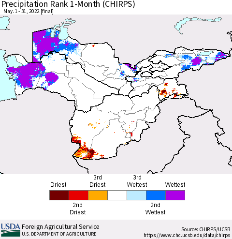 Central Asia Precipitation Rank since 1981, 1-Month (CHIRPS) Thematic Map For 5/1/2022 - 5/31/2022