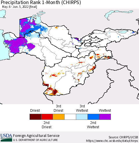 Central Asia Precipitation Rank since 1981, 1-Month (CHIRPS) Thematic Map For 5/6/2022 - 6/5/2022