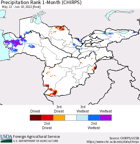 Central Asia Precipitation Rank since 1981, 1-Month (CHIRPS) Thematic Map For 5/11/2022 - 6/10/2022